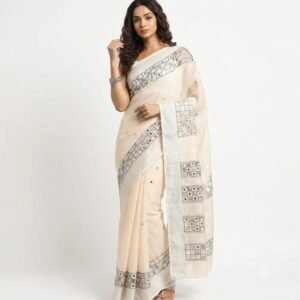 Pure Linen Cutwork Saree with Running Blouse Piece | 5.5 m Saree + 1 m Blouse | Free Size | Elegant Traditional Women’s Saree