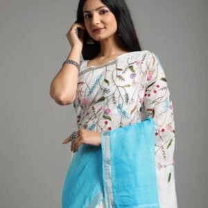 Linen Embroidery Saree with Blouse Piece | 5.5m Saree & 1m Blouse | Elegant Women’s Ethnic Wear