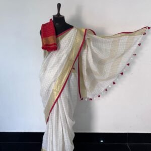 Premium  Linen Onam Special Golden Checked Saree with Blouse Piece – Traditional Kerala Ethnic Wear (5.5m Saree + 1m Blouse)