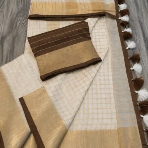 Premium  Linen Onam Special Golden Checked Saree with Blouse Piece – Traditional Kerala Ethnic Wear (5.5m Saree + 1m Blouse)