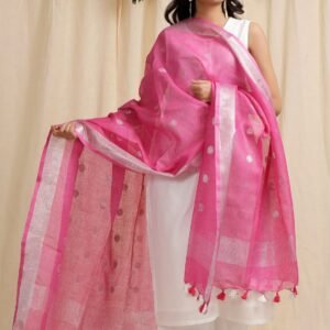 Handloom Pure Linen Bhagalpuri Dupatta With Weaving Circle Motif (Pink)