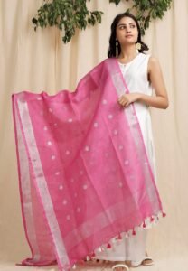 Handloom Pure Linen Bhagalpuri Dupatta With Weaving Circle Motif (Pink)