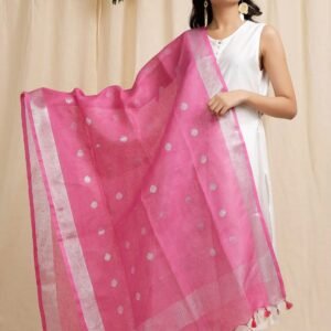 Handloom Pure Linen Bhagalpuri Dupatta With Weaving Circle Motif (Pink)