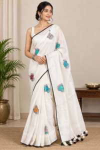Pure Cotton Saree for Women with Zari Border & Durga Maa Embroidery | Traditional Durga Puja Festive Saree with Blouse Piece | 5.5 Meter Saree + 1 Meter Blouse | Ethnic Wear for Puja, Festival & Special Occasions