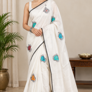 Pure Cotton Saree for Women with Zari Border & Durga Maa Embroidery | Traditional Durga Puja Festive Saree with Blouse Piece | 5.5 Meter Saree + 1 Meter Blouse | Ethnic Wear for Puja, Festival & Special Occasions